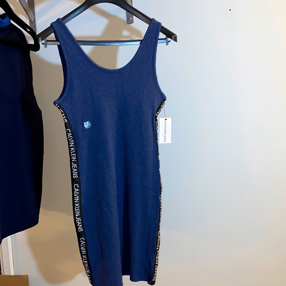 Logo Tape Ribbed Sleeveless Mini Dress